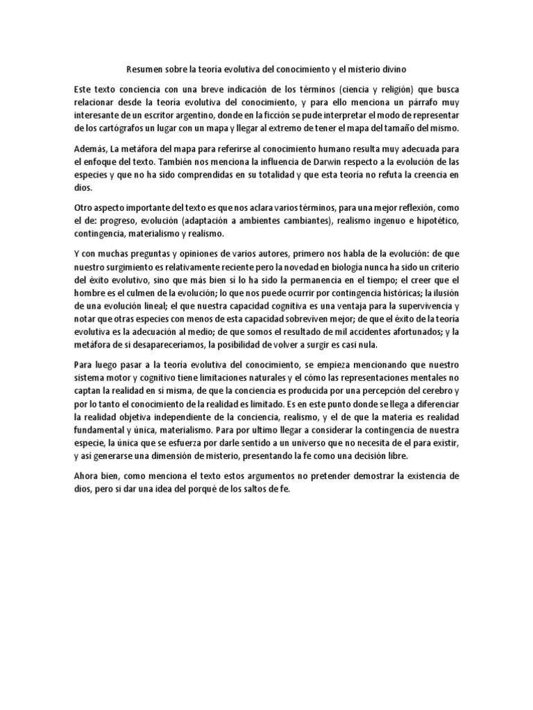 Resumen Sobre La Teoría Evolutiva Del Conocimiento y El Misterio Divino