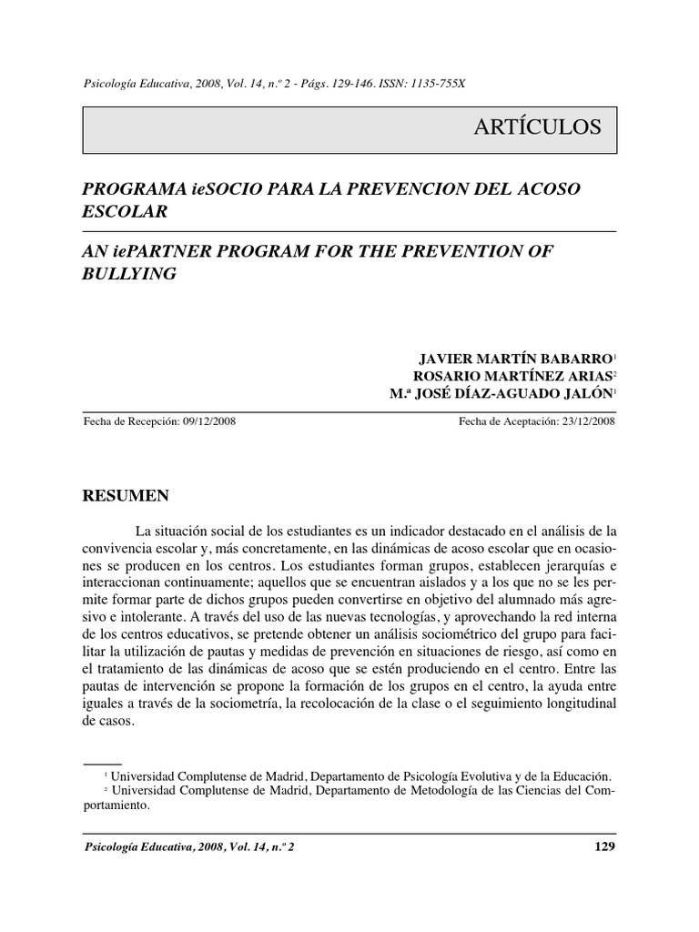 Tema 11 art culo programa iesocio para la prevencion del acoso escolar