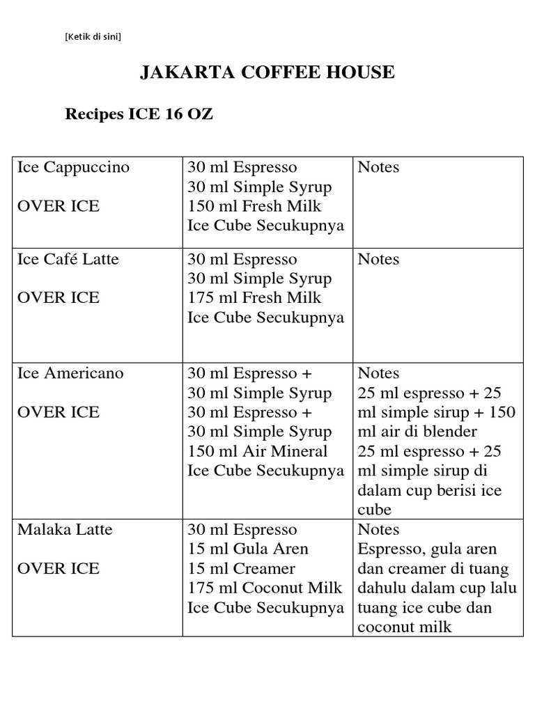 Revisi Jakarta Coffee House Recipes 16 Oz PDF Food And Drink Drink
