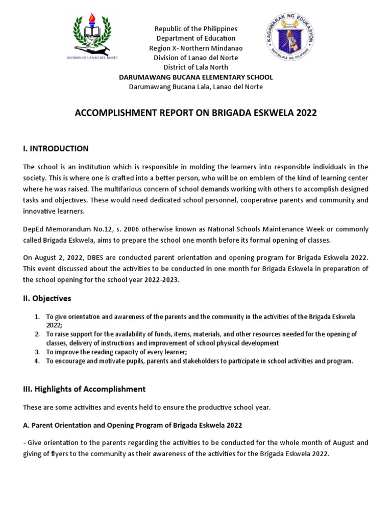 Brigada Eskwela 2022 Accomplishment Report | PDF | Learning | Teachers