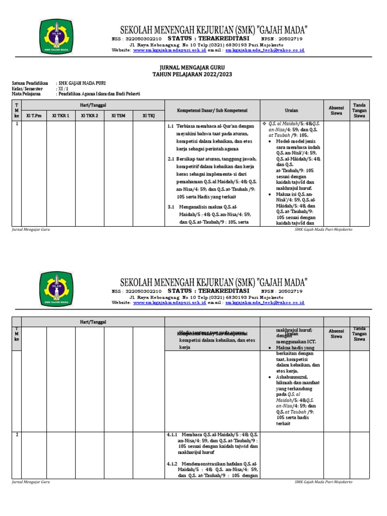 Jurnal Mengajar PAI SMK Gajah Mada | PDF