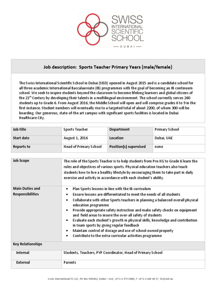 Sports Teacher PY Job Profile PDF