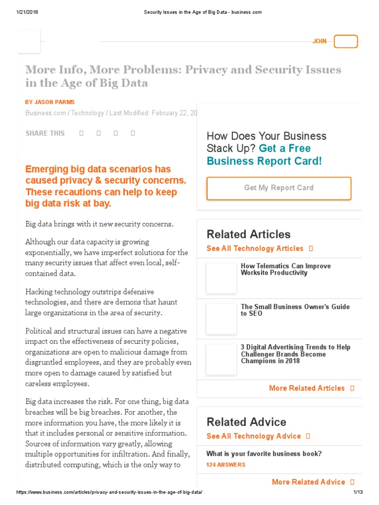 Privacy and Security Issues in The Age of Big Data - Business | PDF ...