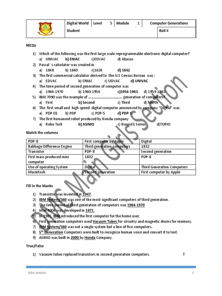 Class-5 (1st Term Worksheets) | Download Free PDF | Computer Data ...