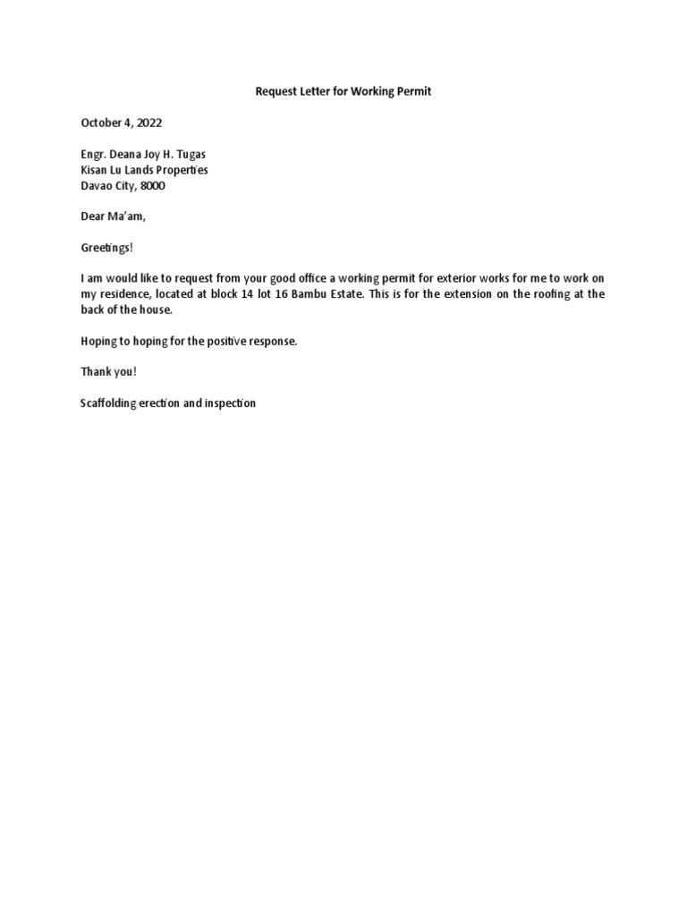 Request Letter For Working Permit | PDF