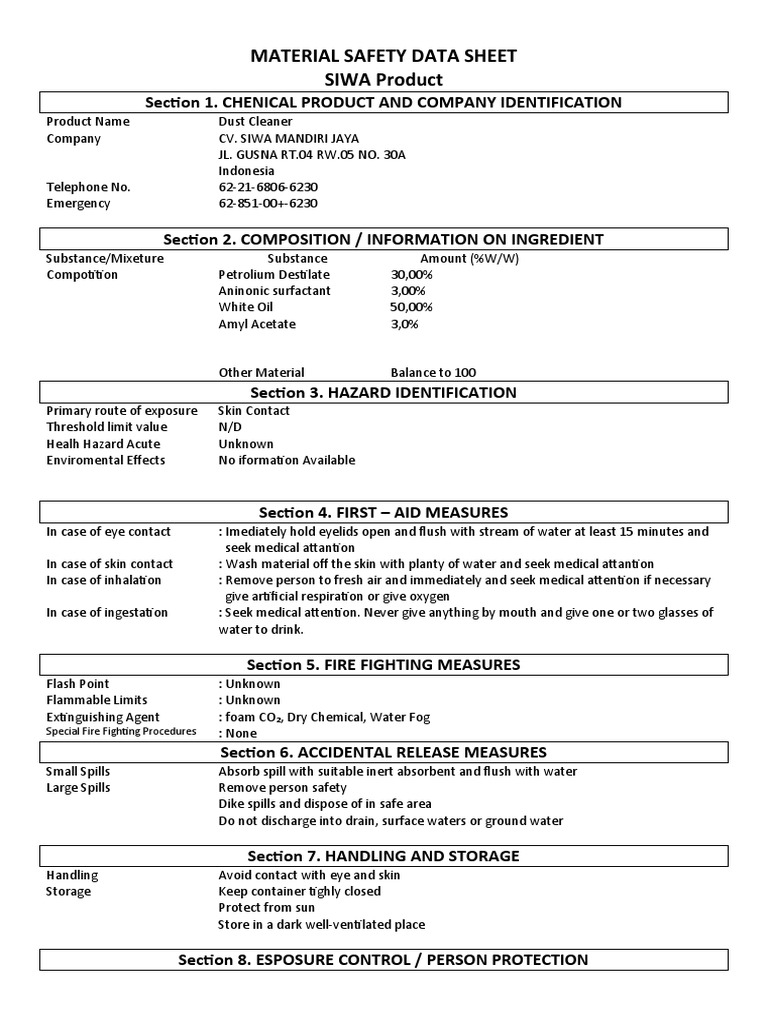 MATERIAL SAFETY DATA SHEET Dust Cleaner PDF Water Firefighting