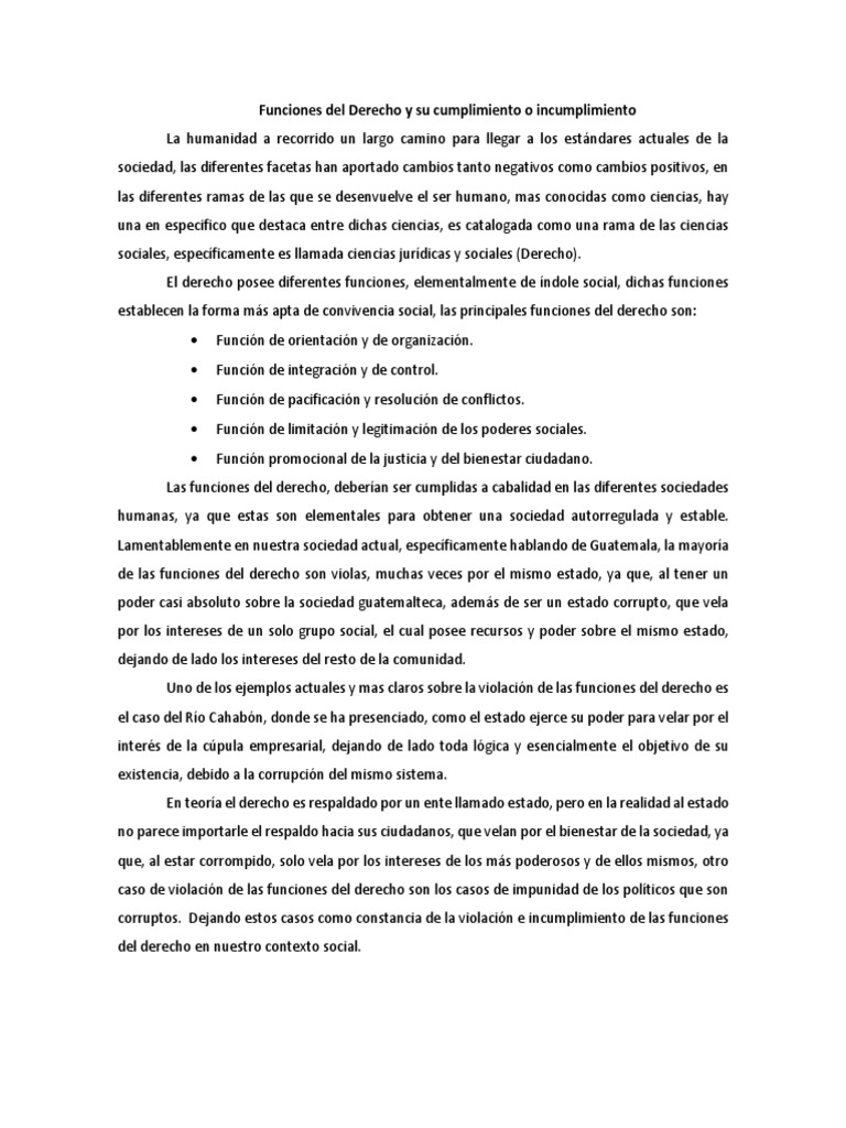 Funciones del Derecho y su cumplimiento o incumplimiento ensayo | PDF