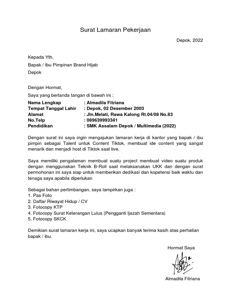 Surat Lamaran Pekerjaan (Content Creator) | PDF