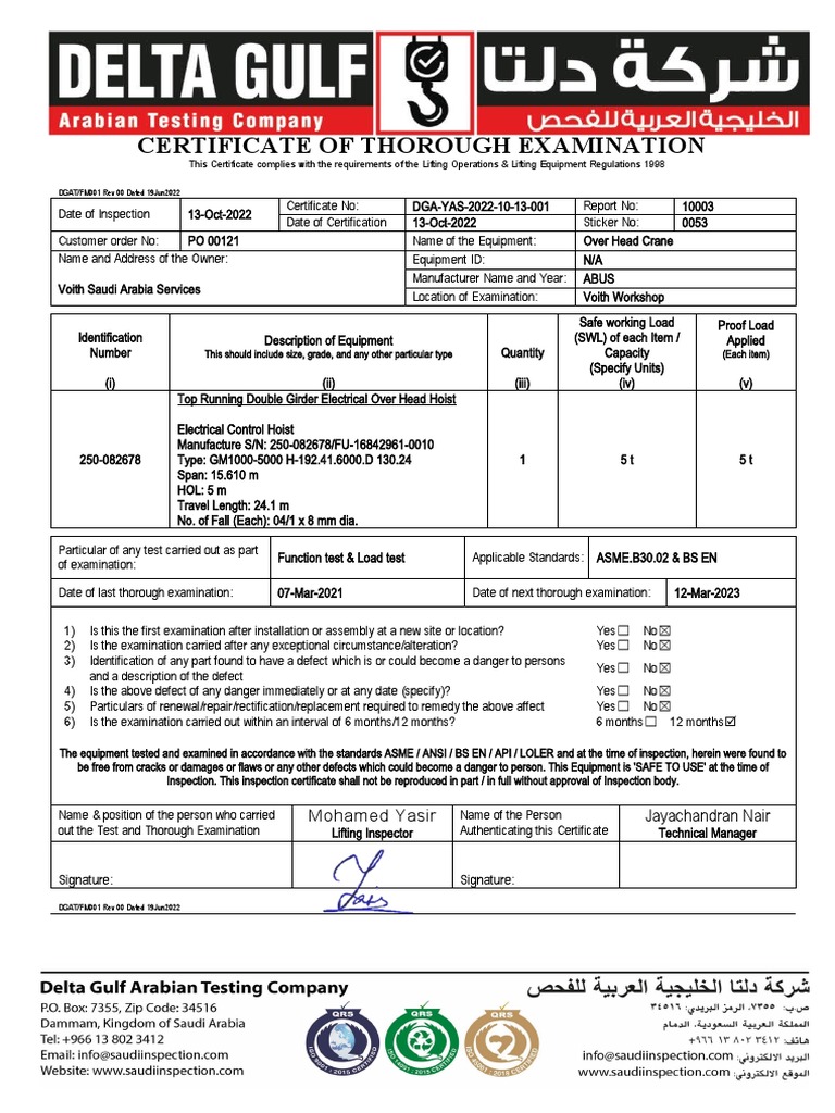 Over Head Crane Certificates 250 082678 PDF Manufactured Goods
