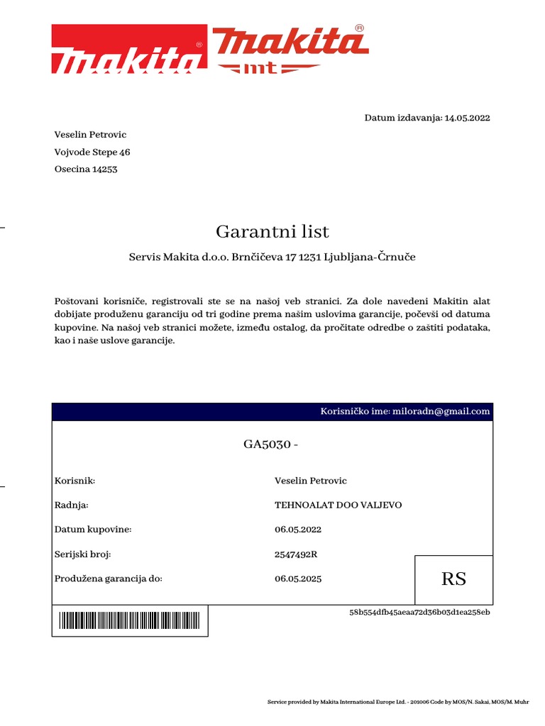 Makita Warranty Certificate PDF