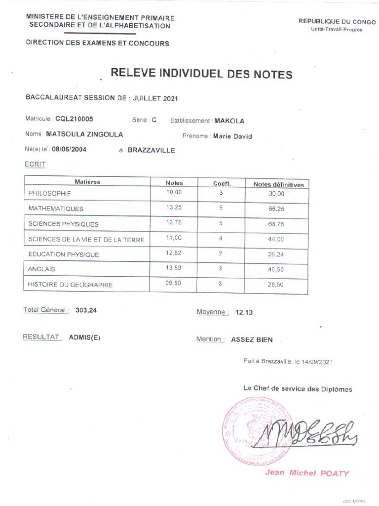 Scan Releve de Notes Baccalaureat Serie C PDF