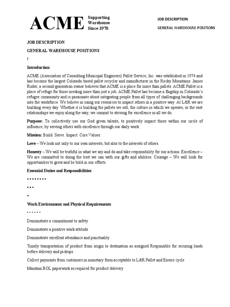 ACME Warehouse Job Descriptions PDF Forklift Pallet