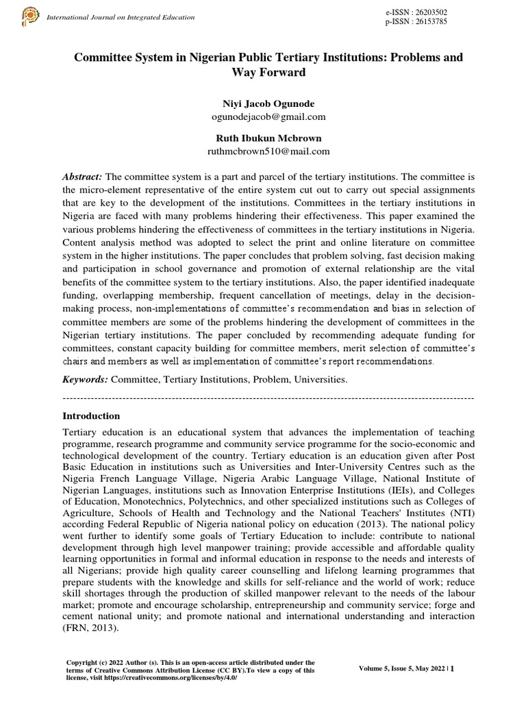 Committee System in Nigerian Public Tertiary Institutions: Problems and ...
