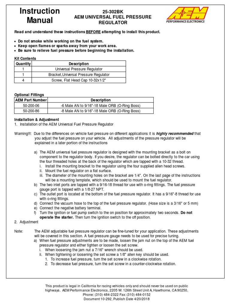 Instructions For 25302 Universal Fuel Pressure Regulator PDF Screw Mechanical Engineering