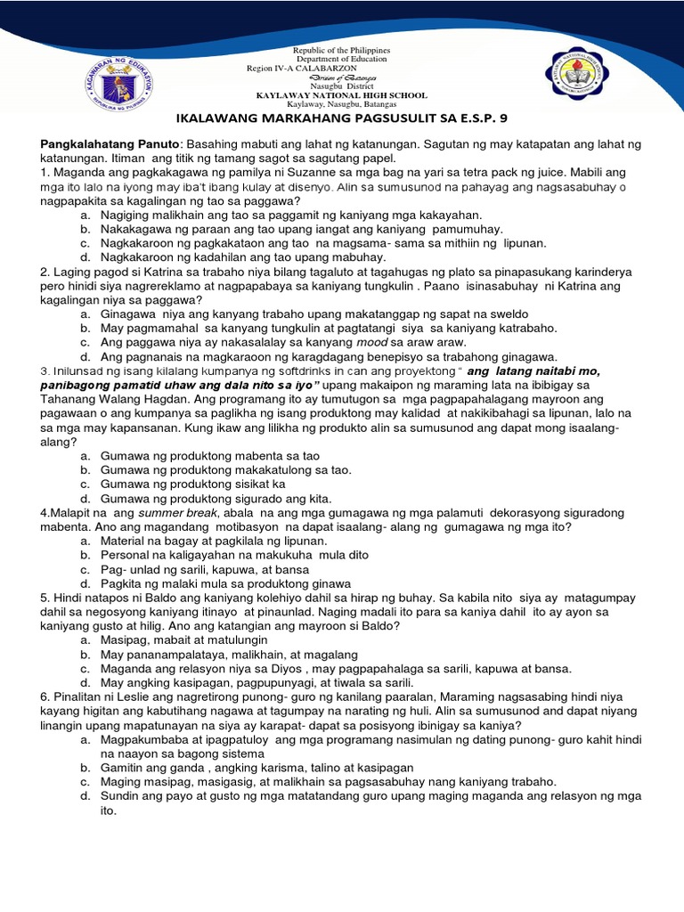 2nd Grading Esp 9 Exam Pdf