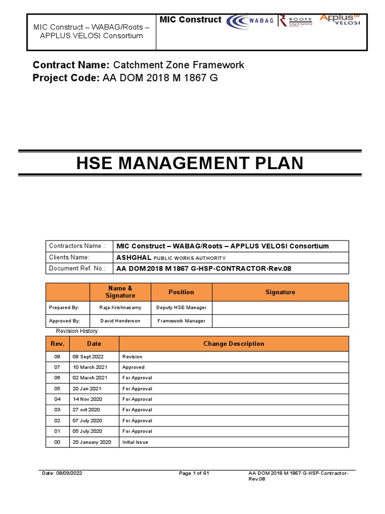 HSE Management Plan Rev 08 PDF Occupational Safety And Health