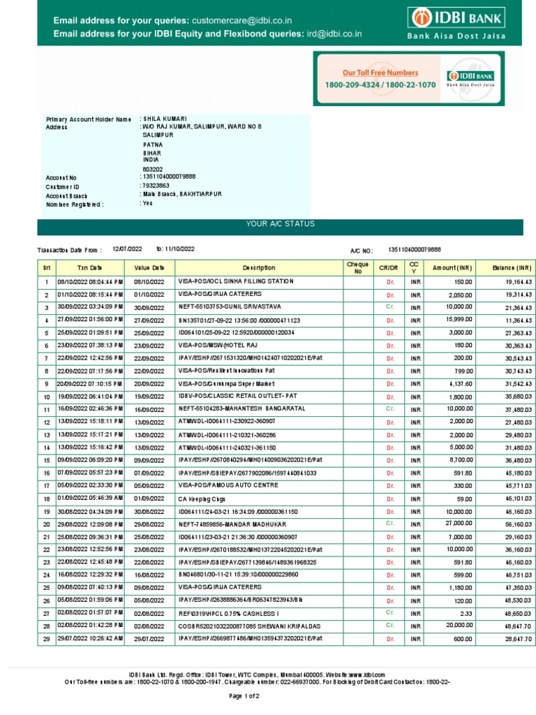 IDBI Bank Statement Overview | PDF | Debit Card | Debits And Credits