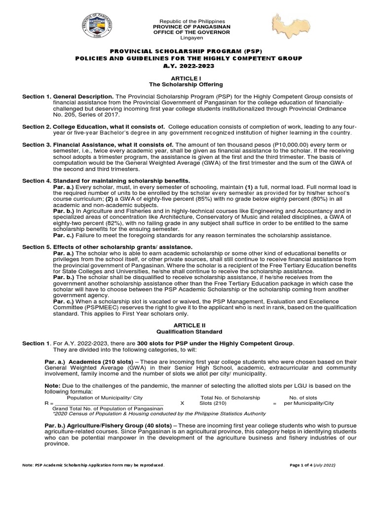 2022 PSP Policies and Guidelines PDF Academic Term College