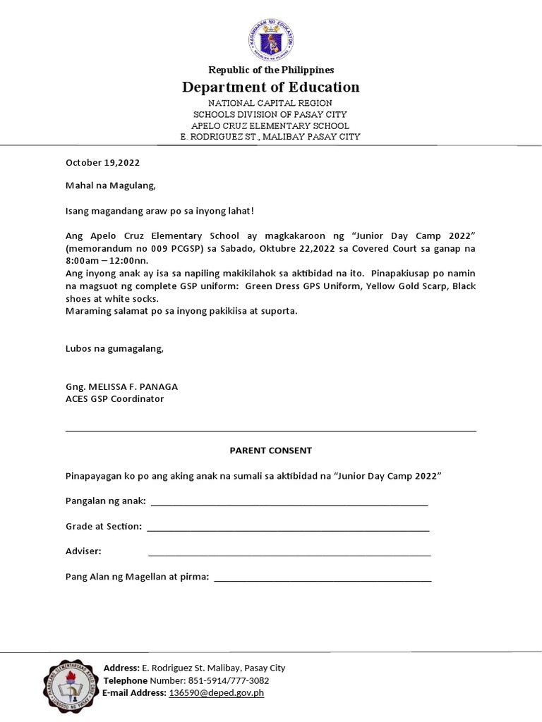 GSP Junior Day Camp Parent Consent 2022 | PDF