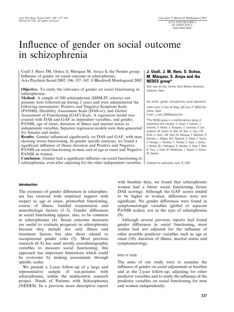 In Uence of Gender On Social Outcome in Schizophrenia | PDF ...