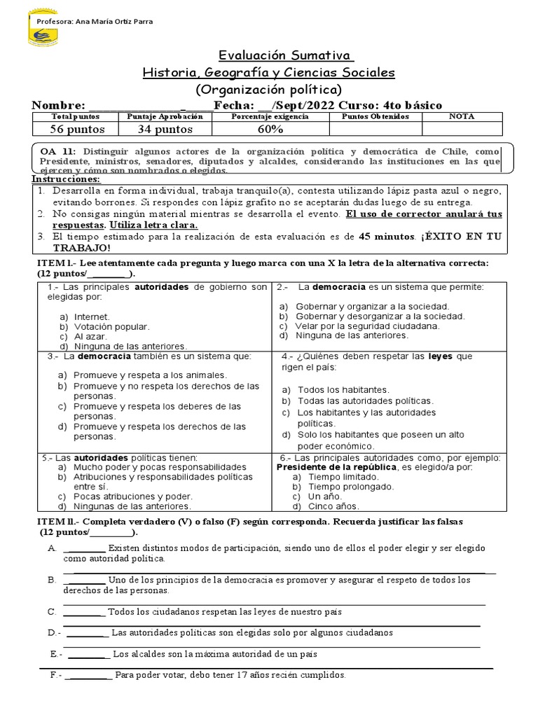 Evaluación de Organización Política en Chile | PDF | Democracia ...