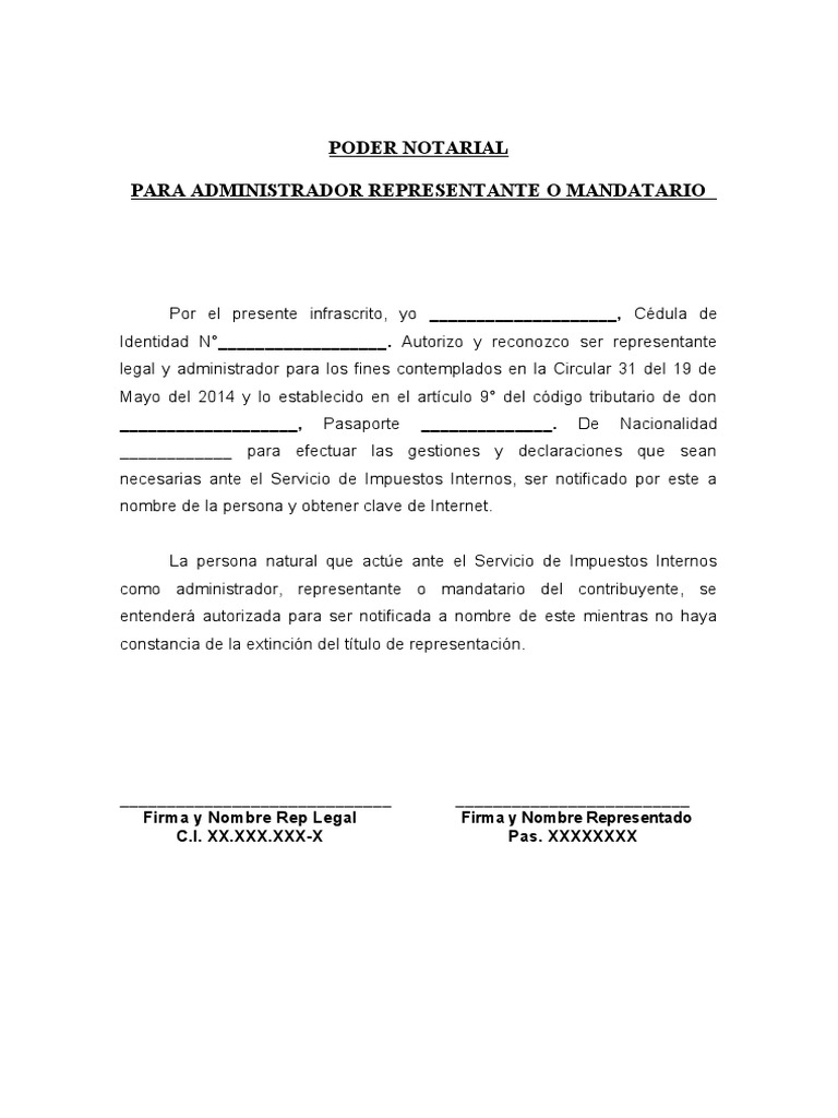Formato Poder Notarial Rut Inversionista SII | PDF