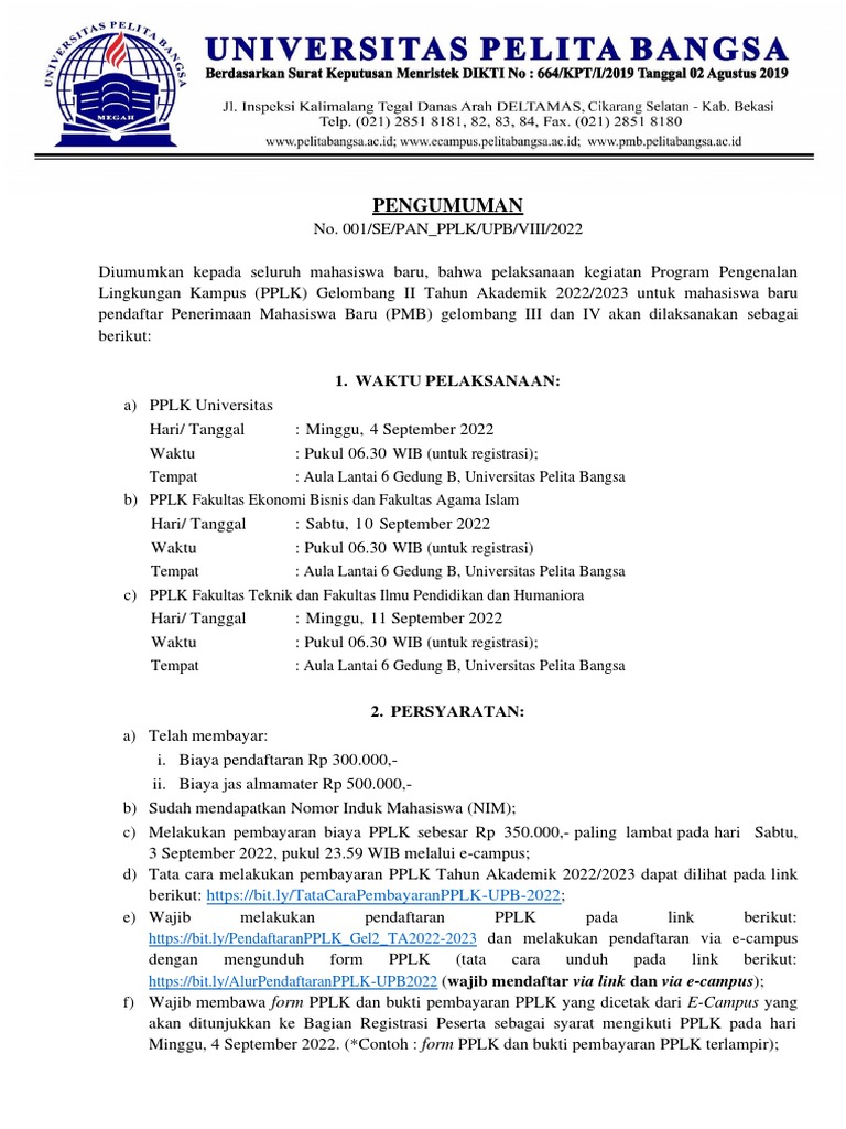 Pengumuman Pelaksanaan Kegiatan Program Pengenalan Lingkungan Kampus ...