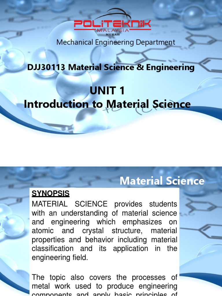 Unit 1 W1 DJJ30113 (Intro To Mat Sci) PDF Materials Science Metals