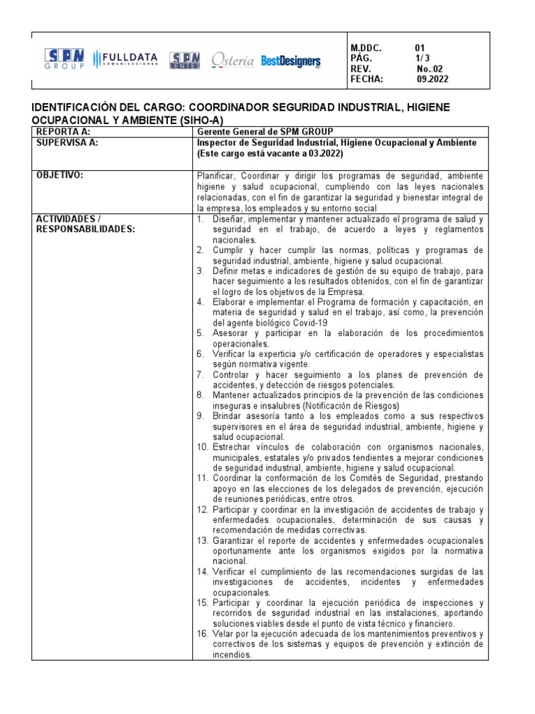Coordinador SIHO-A: Funciones y Perfil | PDF | Seguridad y salud ...