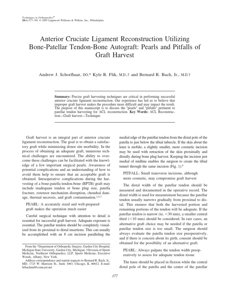 Acl Recon Patellar Tendon Harvest Pearls Knee Surgery