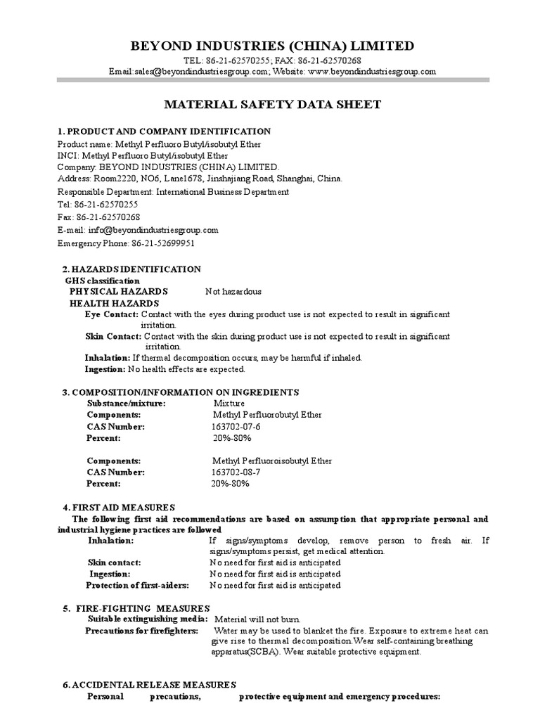MSDS of Methyl Perfluorobutylisobutyl Ether PDF Personal Protective