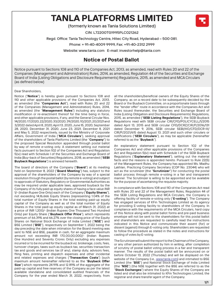 Tanla Platforms Postal Ballot Notice | PDF | Share Repurchase | Stocks