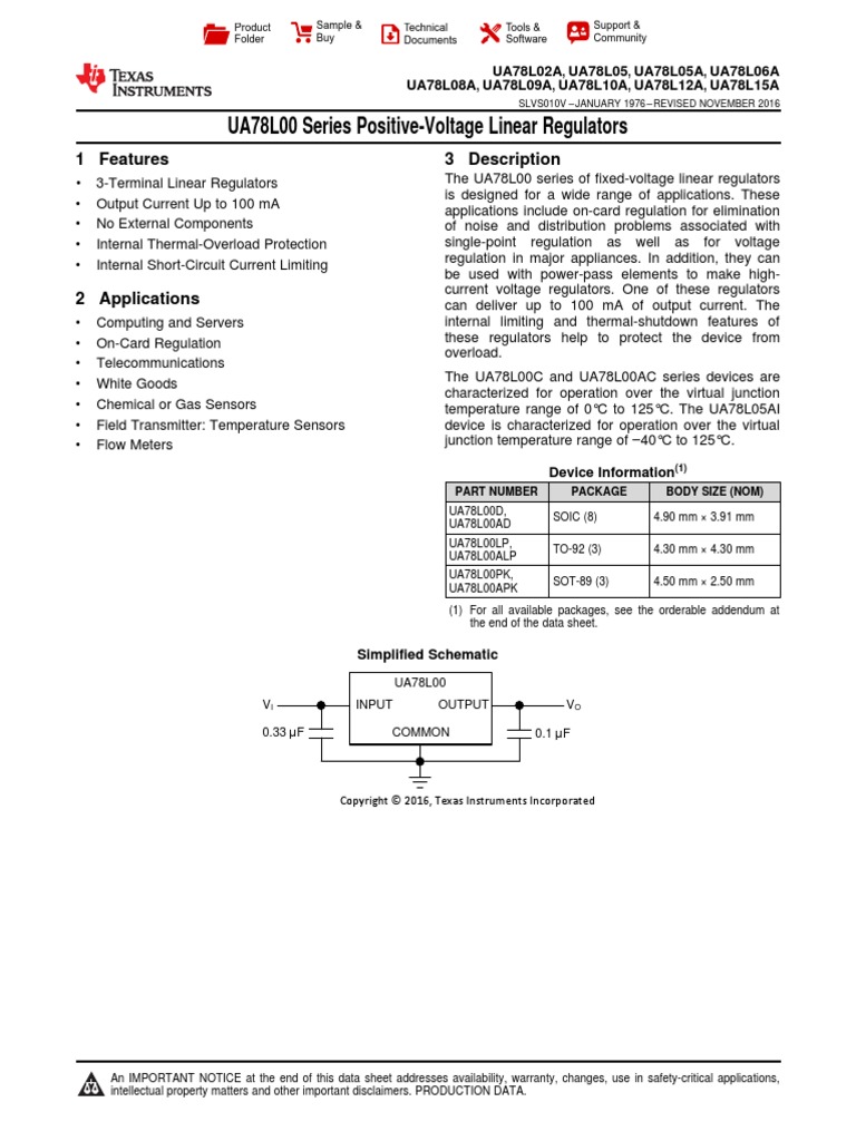 Ua78l00 series positive voltage linear regulators 1 features 3