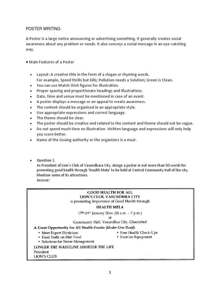 Poster Writing Class Xi New Download Free Pdf Poster