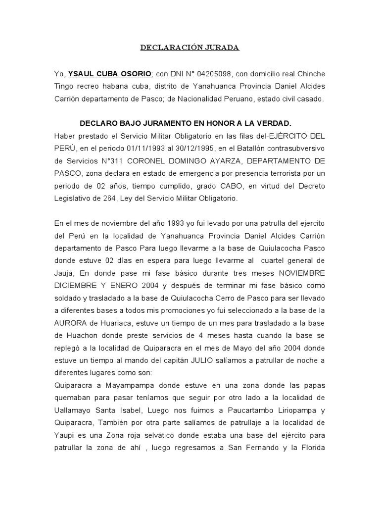 Declaración Jurada de Servicio Militar | PDF | Militar
