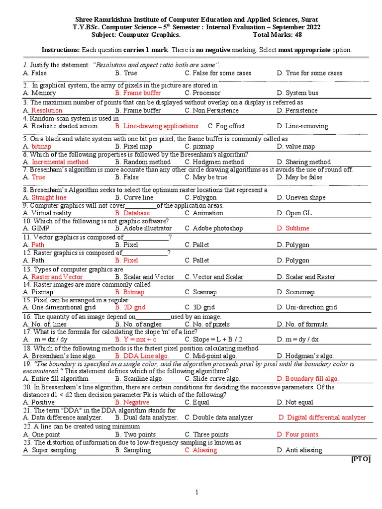 CG MCQ PDF Computer Graphics Pixel