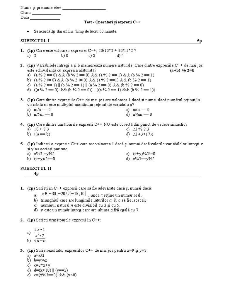 Test 9 Operatori Expresii C++ | PDF