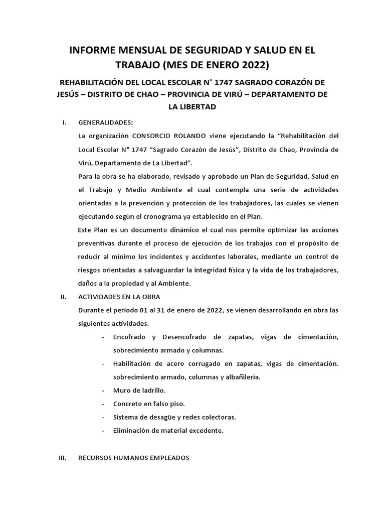 Informe Mensual de Seguridad y Salud en El Trabajo Jardin Enero | PDF ...
