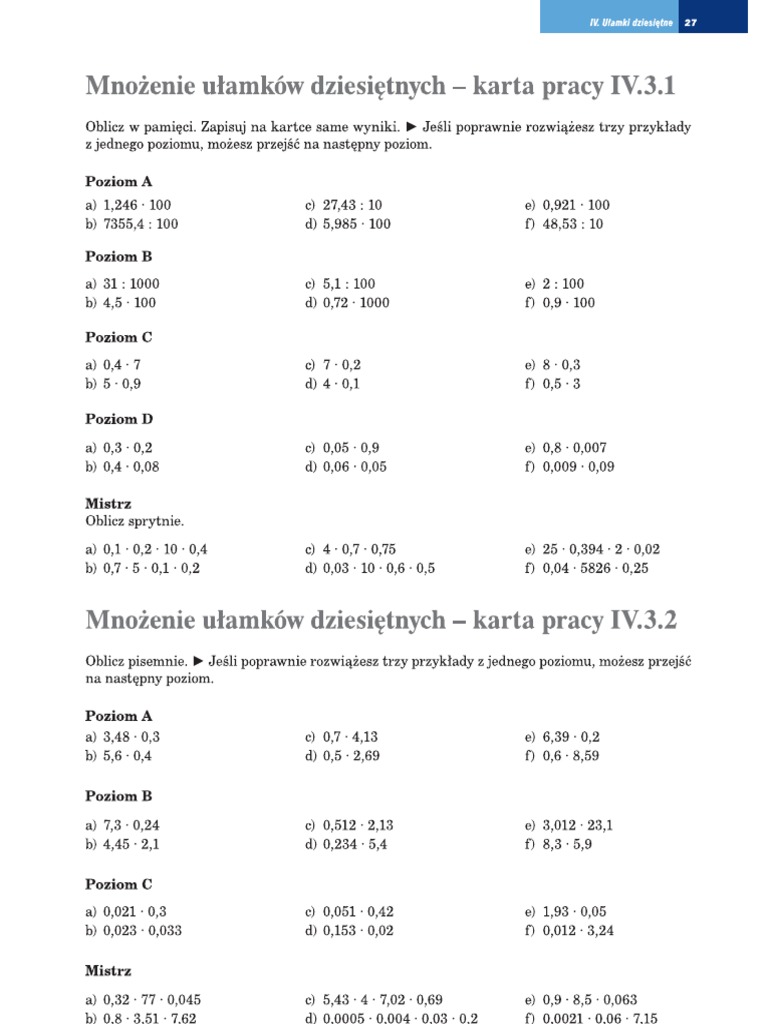 Mnożenie I Dzielenie Ułamków Dziesiętnych Zadania Pdf Mnożenie Ułamków Dziesiętnych W Pamięci, Klasa V | PDF