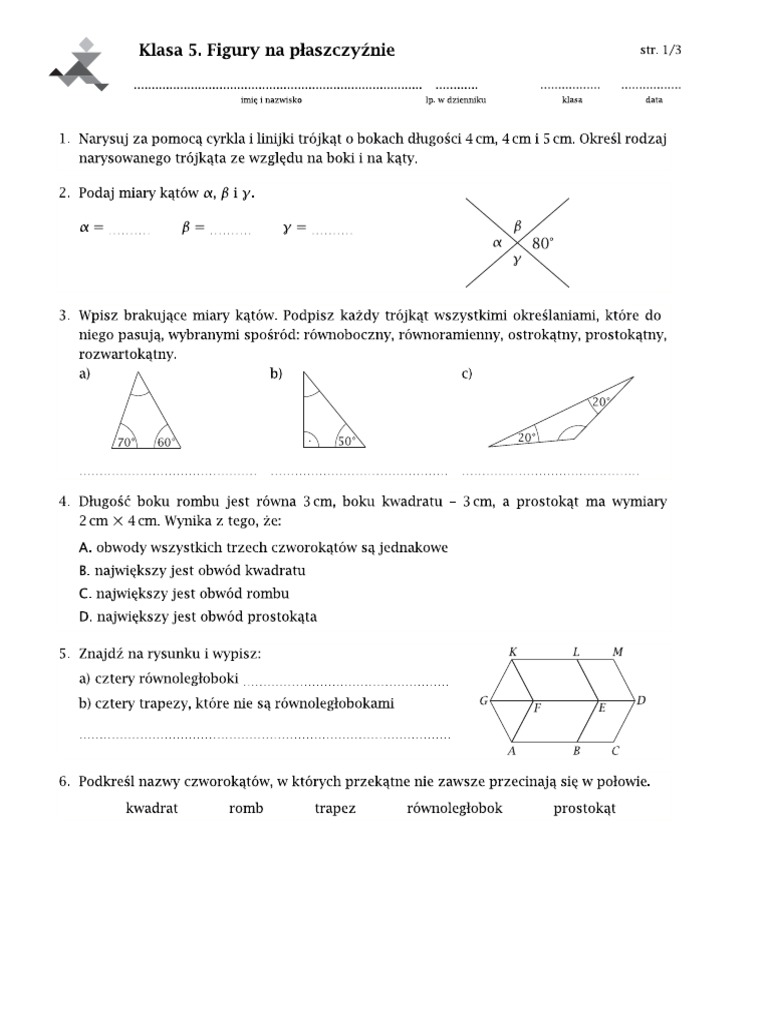 Matematyka Figury Na Płaszczyźnie Sprawdzian Figury Na Płaszczyźnie. | PDF