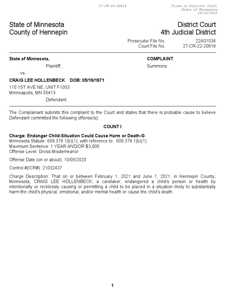 Hennepin County Criminal Complaint. PDF Arrest Warrant Summons