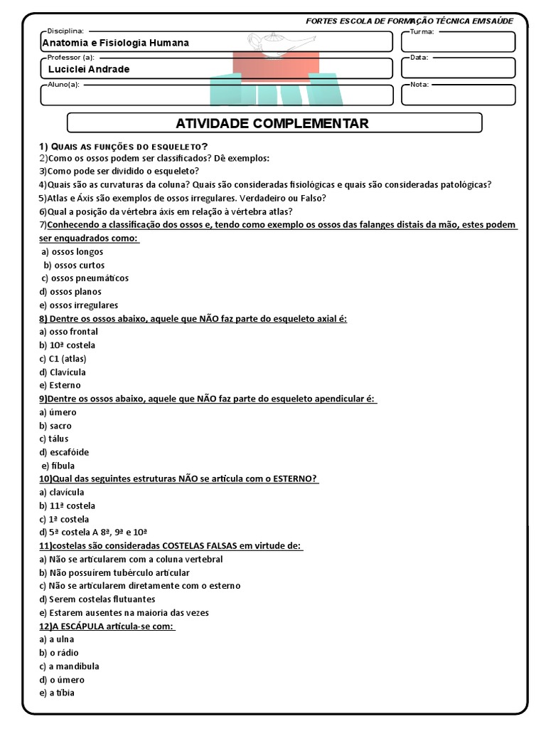 Atividade De Anatômia Pdf Coluna Vertebral Osso