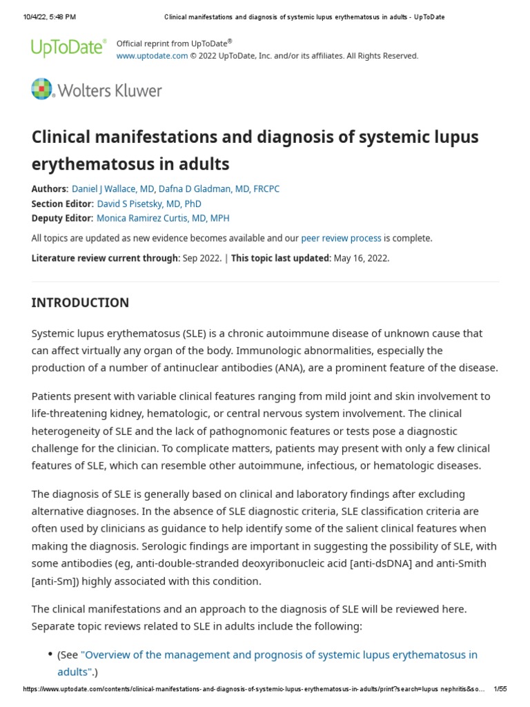 Clinical Manifestations and Diagnosis of Systemic Lupus Erythematosus ...