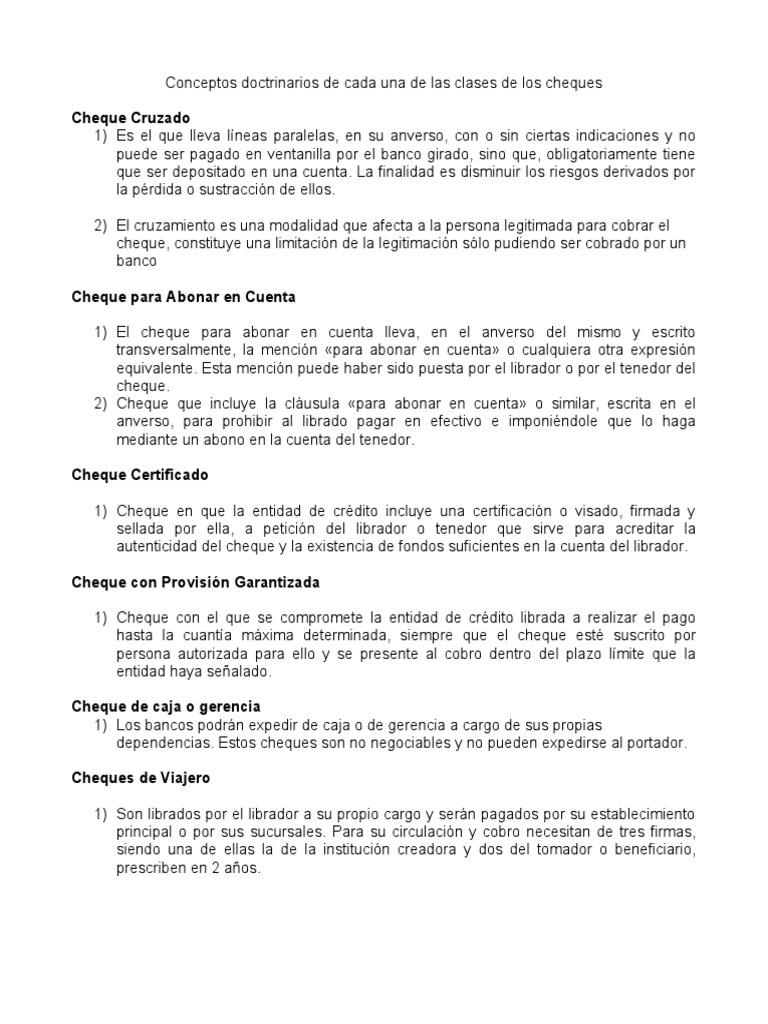 Conceptos Clases de Cheques | PDF | Cheque | Dinero