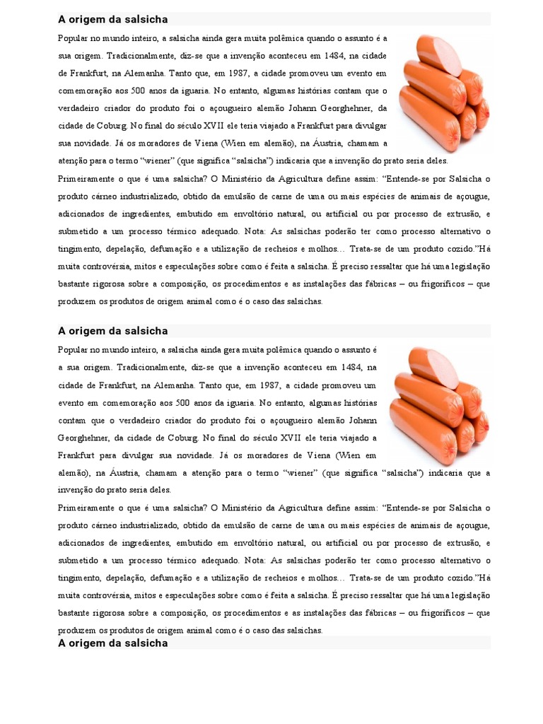Origem e História da Salsicha | PDF | Gastronomia, comida e vinho