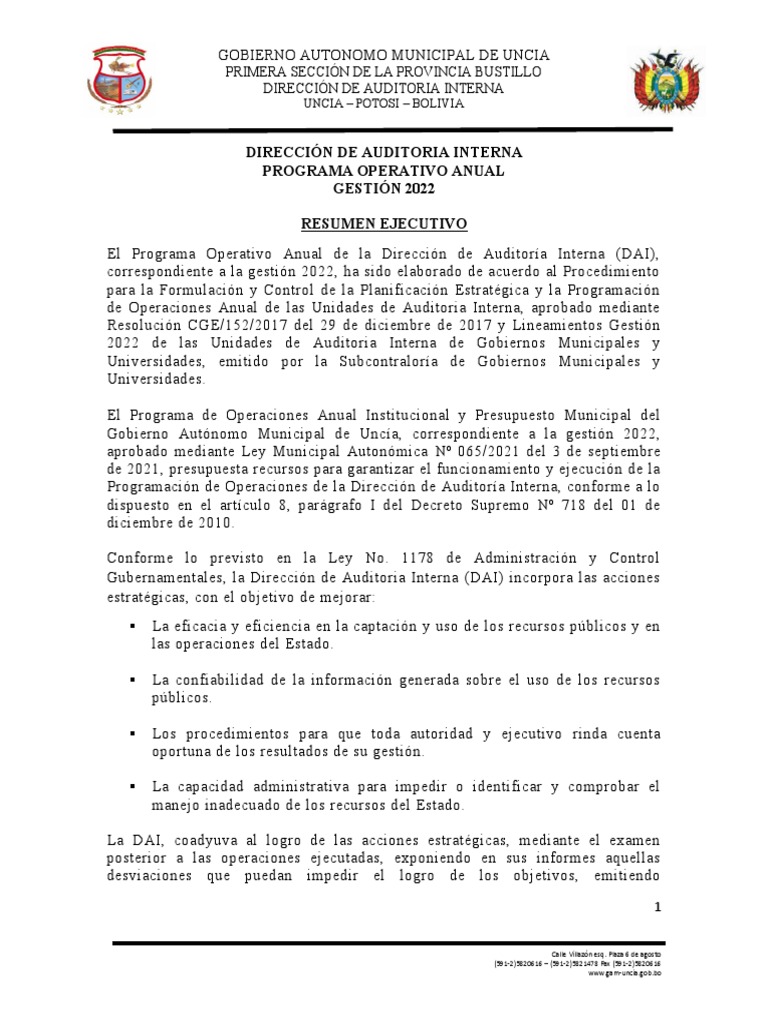 Plan Anual de Auditoría 2022 Uncía | PDF | Auditoría | Gobierno
