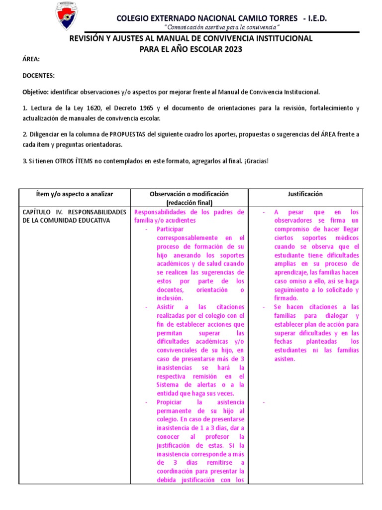 Revisión del Manual de Convivencia 2023 | PDF | Educación de la primera ...
