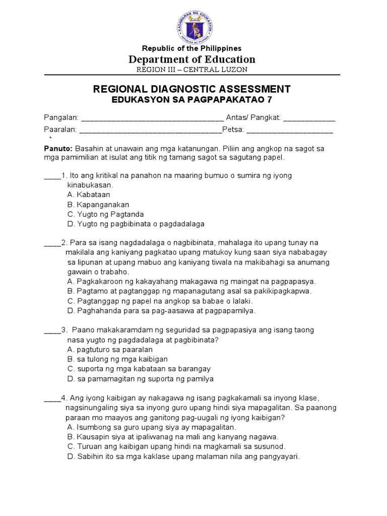 Diagnostic Assessment EsP Grade 7 | PDF