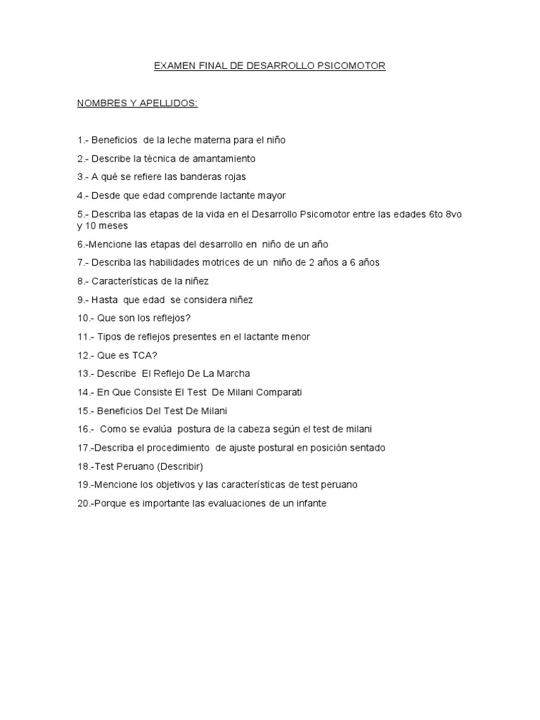 Examen Final de Desarrollo Psicomotor | PDF