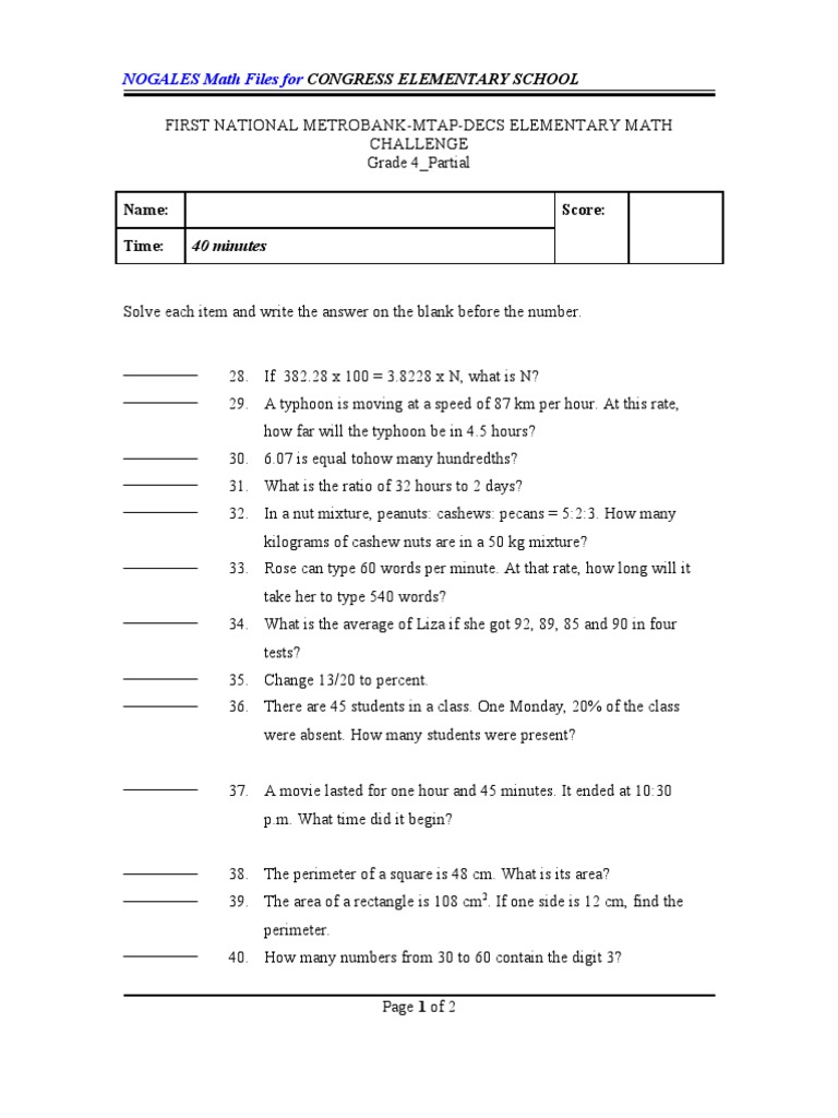 Grade 4 MTAP Test 2 Partial FIRST | PDF